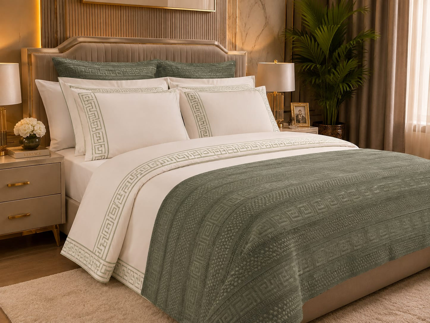 Luxury White & Mint Green Versace Bed Sheet Set – 4 Pieces