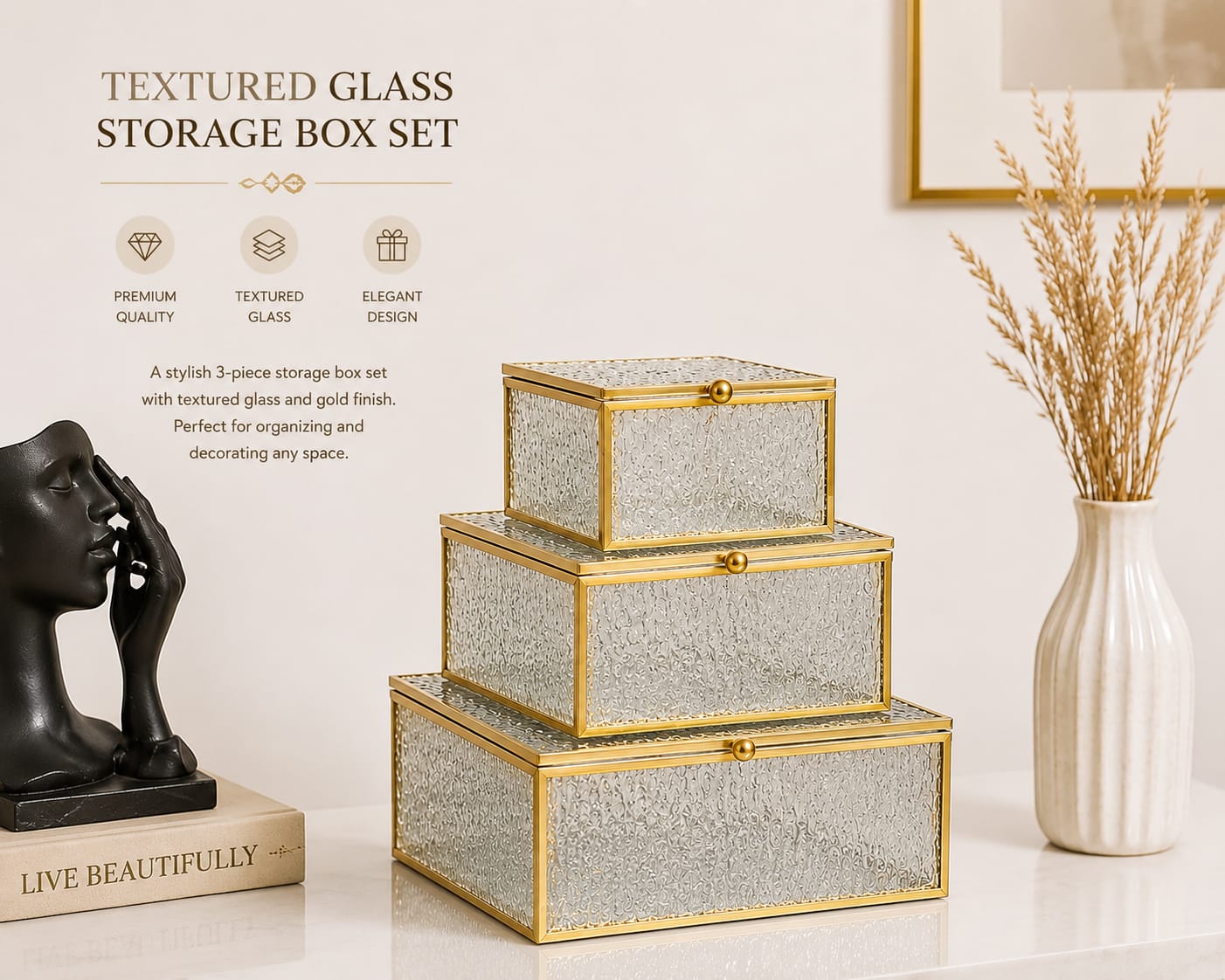 Luxury Textured Glass Storage Box Set (3 Pcs)
