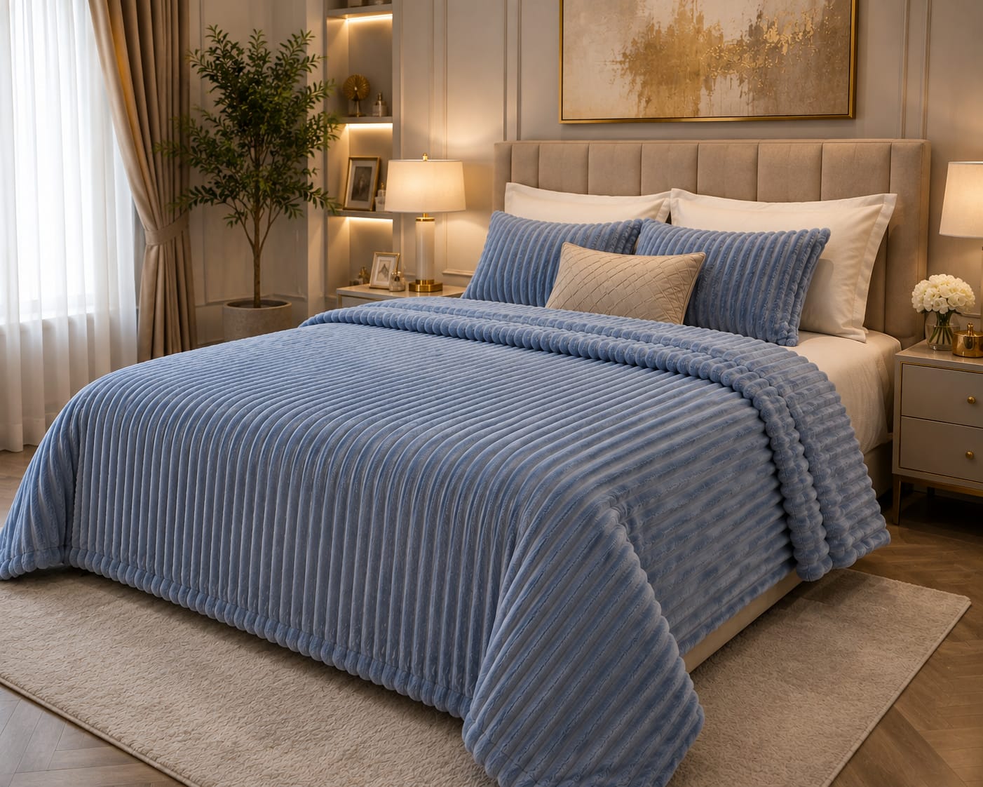 Premium Ribbed Plush Blanket – Dusty Blue