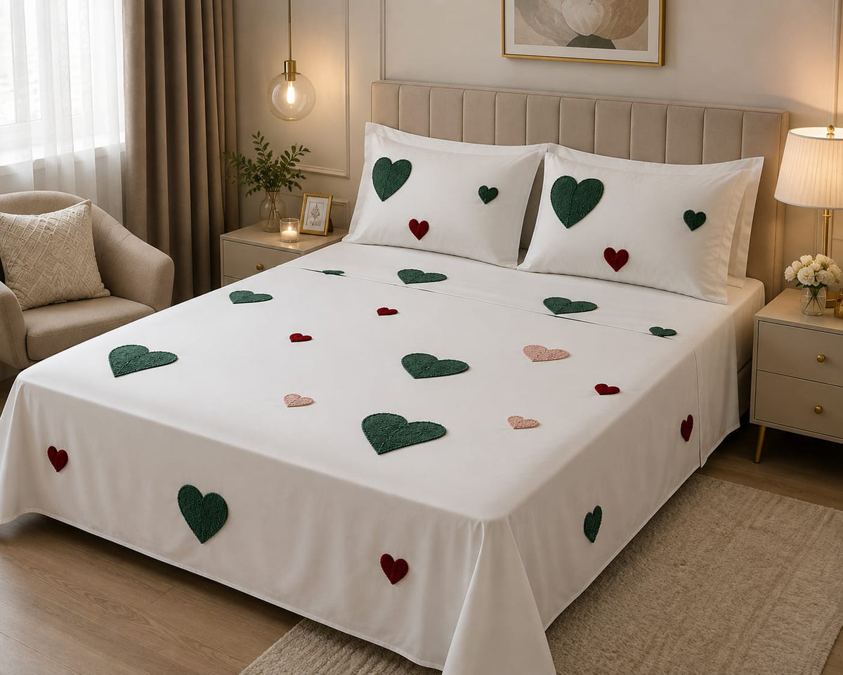 White Embroidered Heart Bed Sheet Set