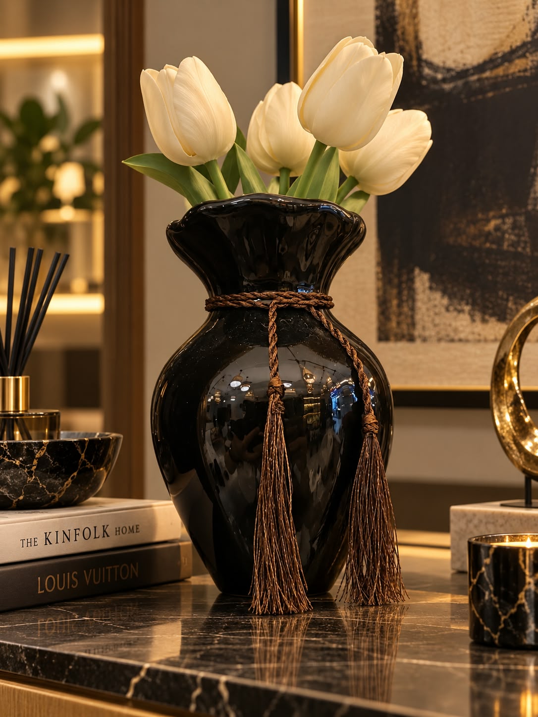 Elegant Black Ceramic Vase with Tassel