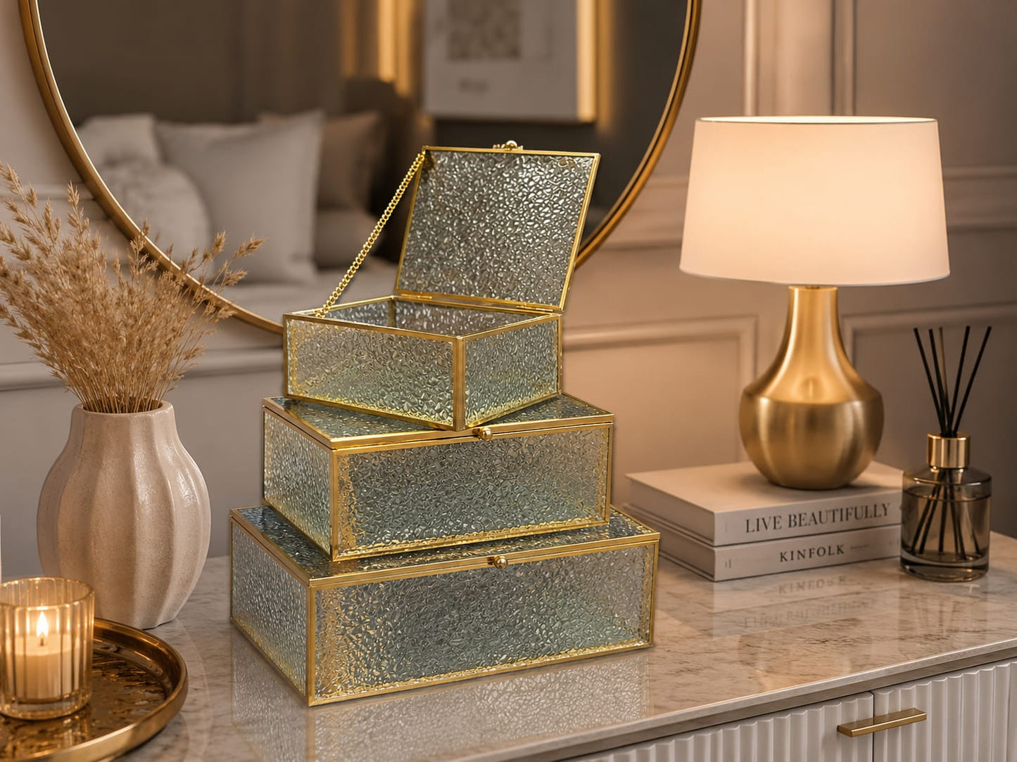 Luxury Textured Glass Storage Box Set (3 Pcs)