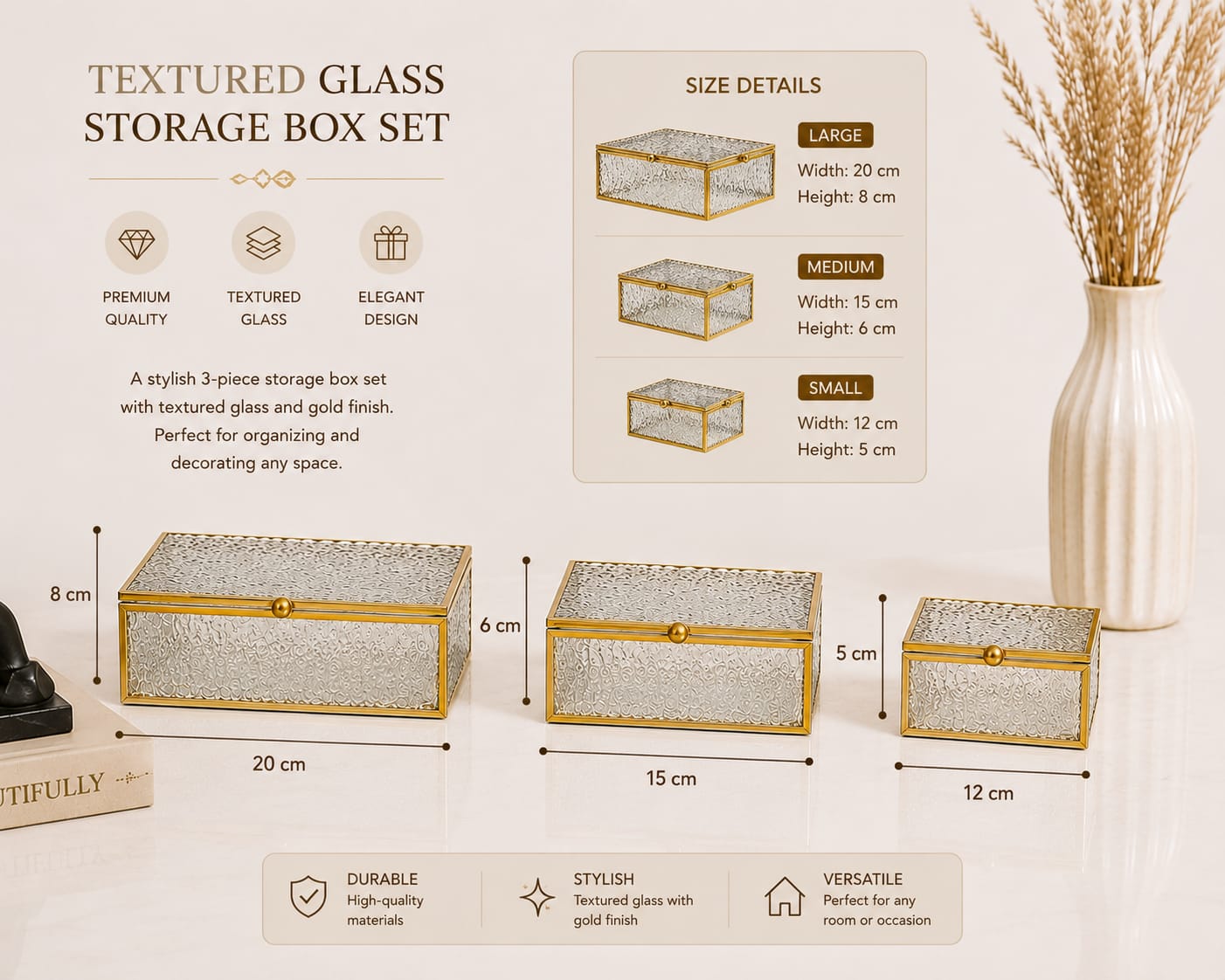 Luxury Textured Glass Storage Box Set (3 Pcs)