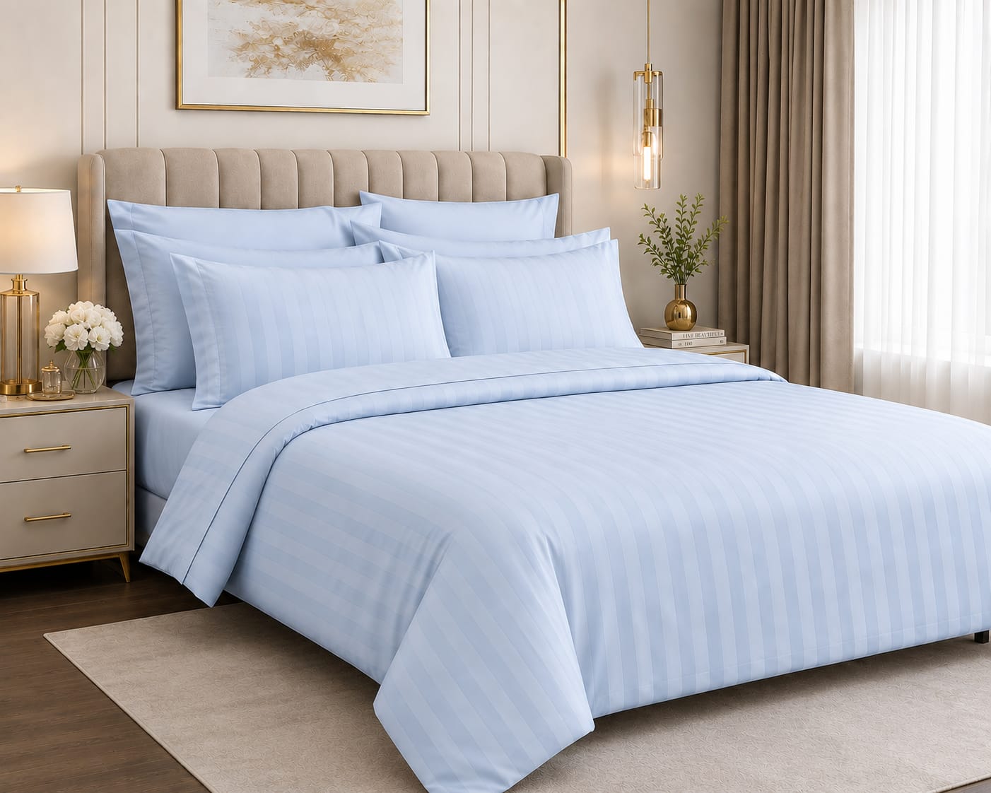 100% Cotton Stripe Fitted Bed Sheet Set – Light Blue | 4 Pcs