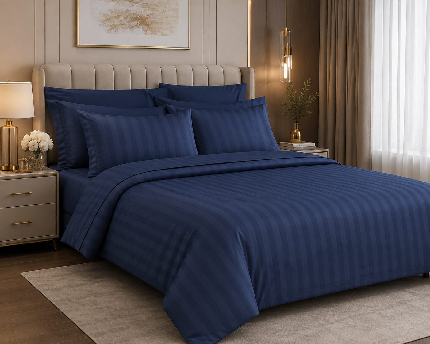 100% Cotton Stripe Fitted Bed Sheet Set – Light Blue | 4 Pcs