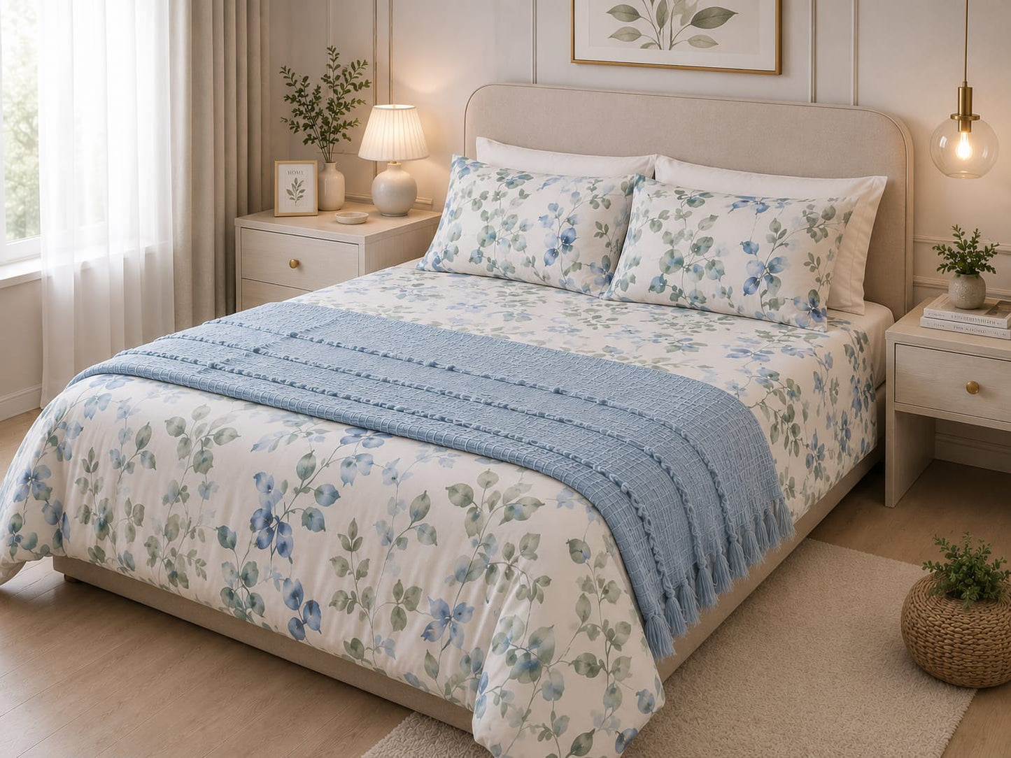 King Bedding Set with Coverlet – 5 Pieces | Botanical Blue