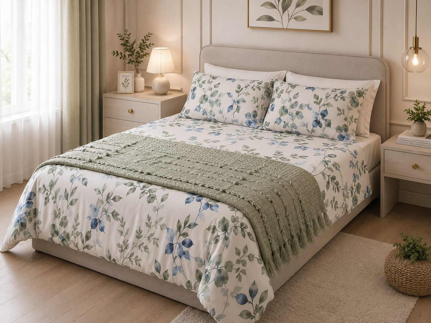 King Bedding Set with Coverlet – 5 Pieces | Botanical Blue