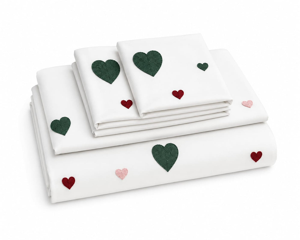 White Embroidered Heart Bed Sheet Set