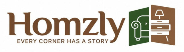 Homzly logo with the text 'EVERY CORNER HAS A STORY' and a small icon of a room with furniture on a white background.